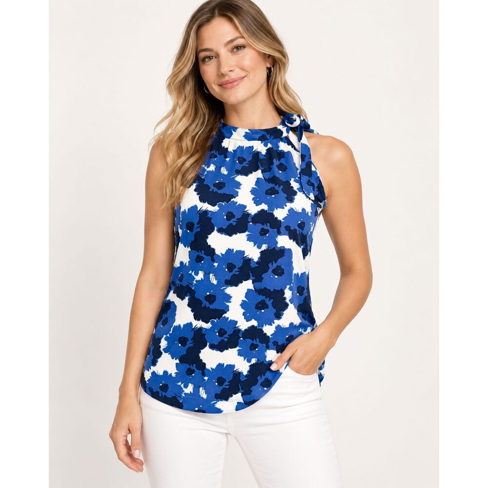 Banana Republic Factory Blue Top Neck Tie XS Floral Tie Neck Tank Matte Jersey